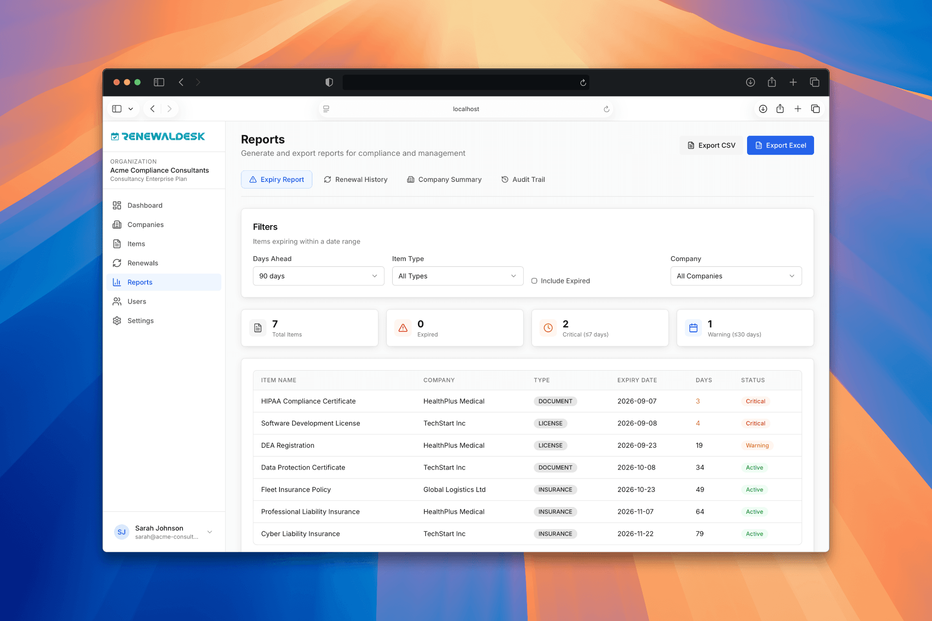 RenewalDesk list of tracked licenses, certificates and permits