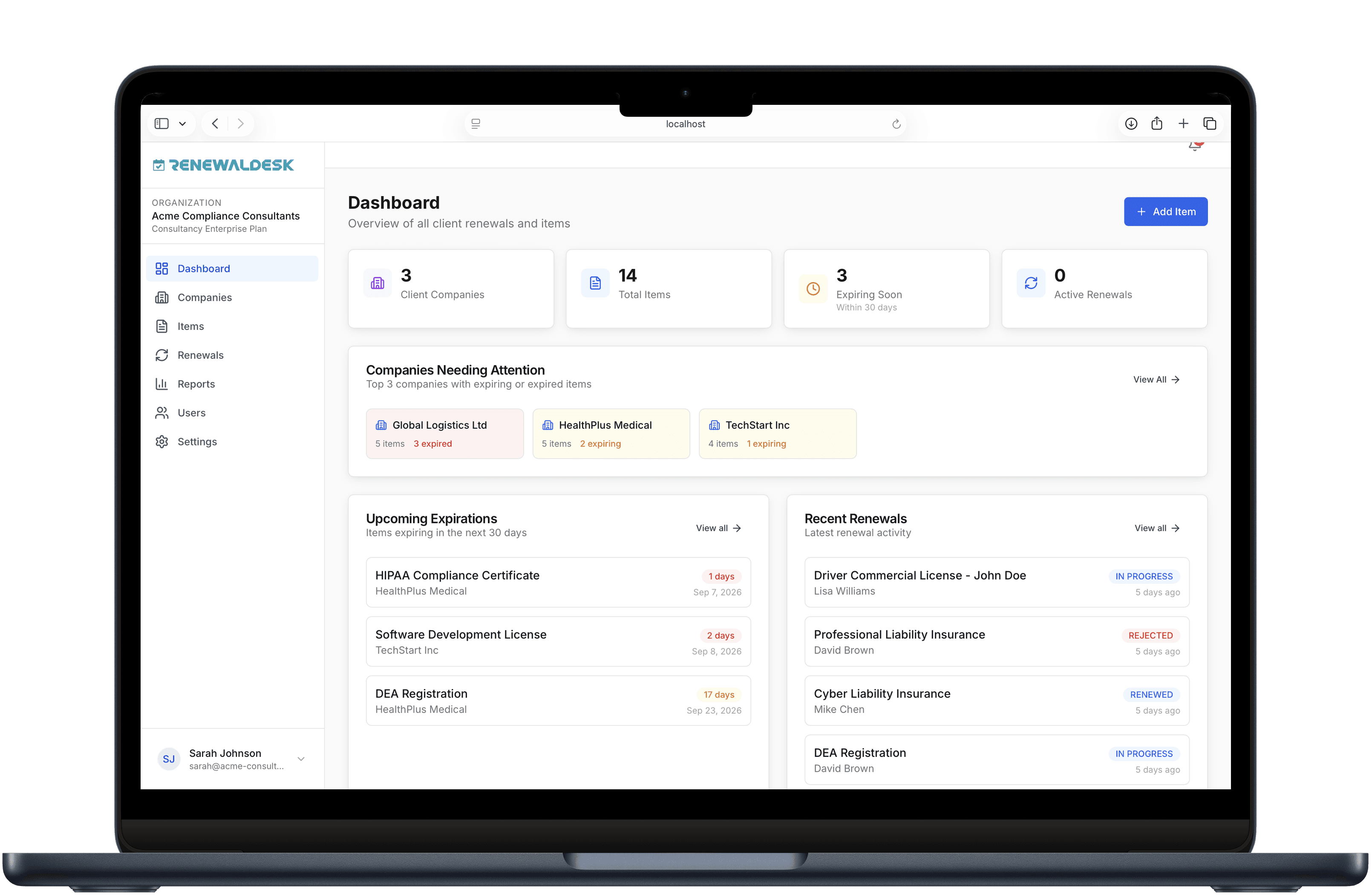 RenewalDesk dashboard showing upcoming renewals and compliance overview