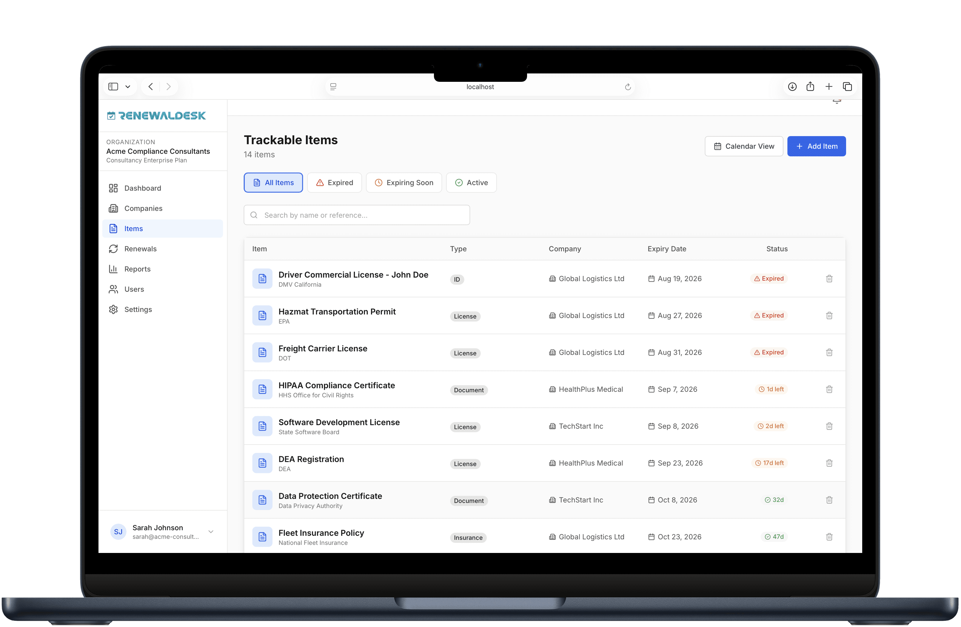 RenewalDesk list of tracked items with expiry dates and statuses