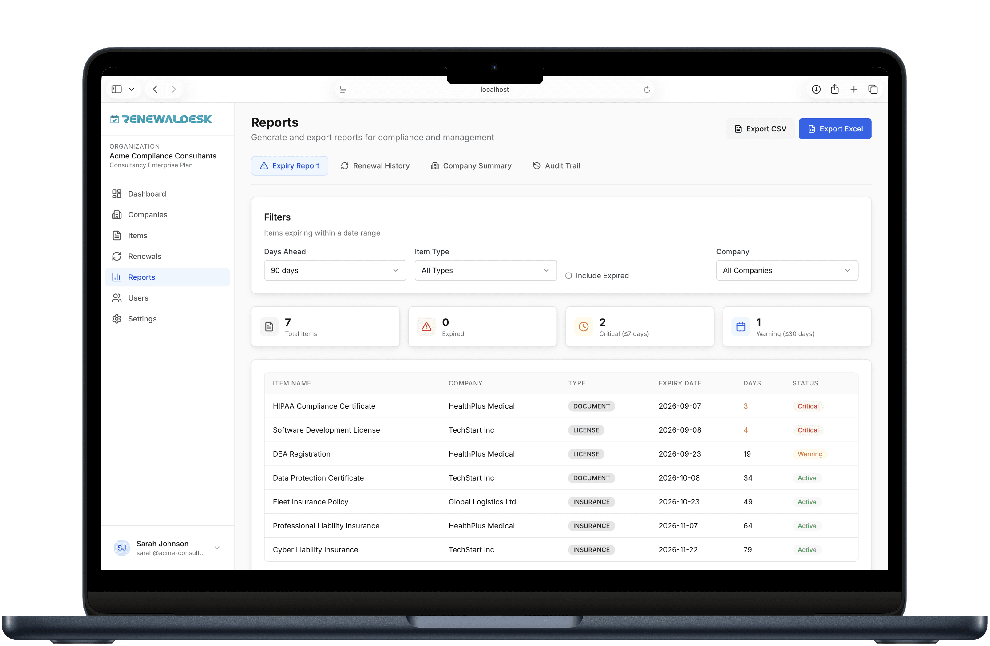 RenewalDesk renewal report with status breakdowns